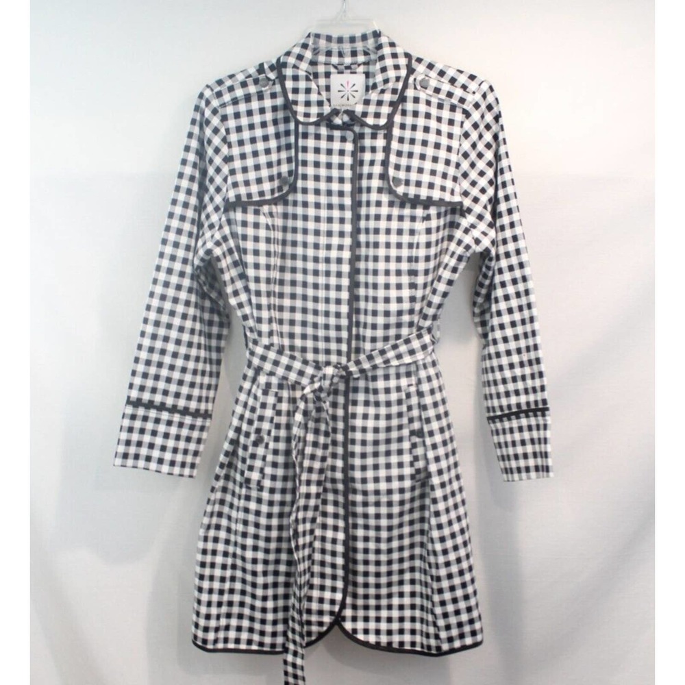 Isaac Mizrahi Live Trench Coat Womens size 14 Black White Gingham Lined Full Zip